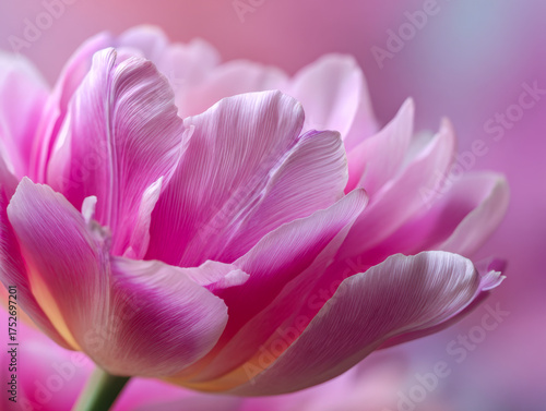 Vibrant pink petals of a blooming tulip flower with delicate texture and soft lighting against a beautifully blurred pastel background create a serene floral scene