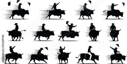 bull, rider, rodeo, silhouette, action, cowboy, sport, dynamic, motion, bucking, wild, western, black, white, jump, hat, danger, adrenaline, performance, graphic