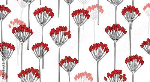 A seamless pattern of abstract red floral motifs with black sketched stems.