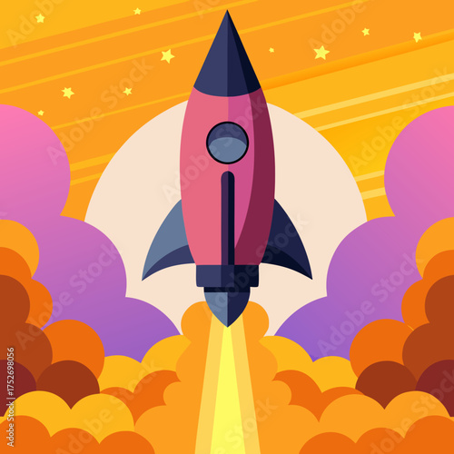 Cartoon Rocket Launching Into Space with Clouds and Stars