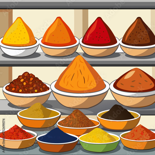 Colorful Spice Powders in Various Bowls on Display