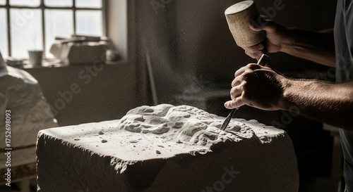 Sculptors hands chisel art from stone block