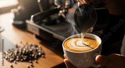 Steaming milk artfully poured into coffee cup