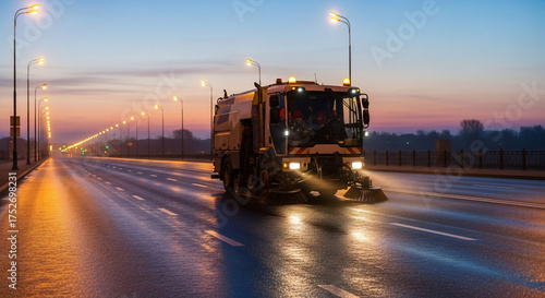 Street sweeper cleans a wet highway