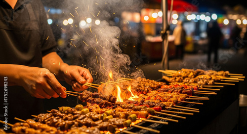Street food skewers sizzling with flavor