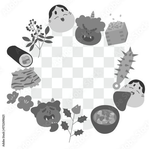 節分のイラスト　フレーム　円形　モノクロ