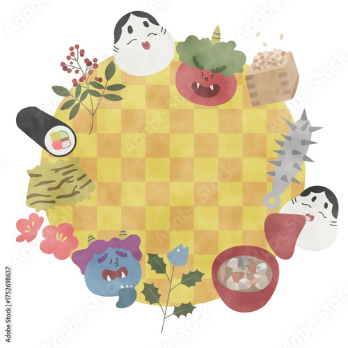 節分のイラスト　フレーム　円形　水彩風