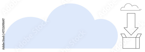 Large blue cloud with line art showing data downloading into a box. Ideal for cloud storage, data transfer, backup, technology, digital solutions, synchronization, simple flat metaphor