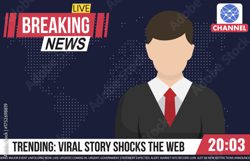 Modern breaking news broadcast template with faceless news anchor and dotted world map background. Flat style breaking news template with TV channel design, anchor, and international world background.