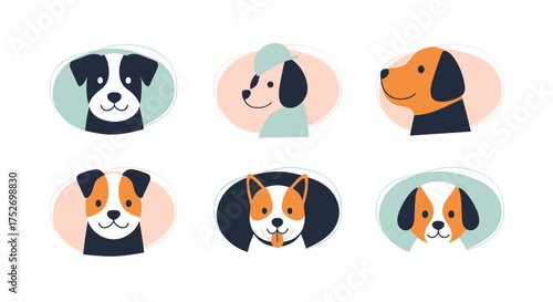A collection of adorable dog faces in colorful oval frames.