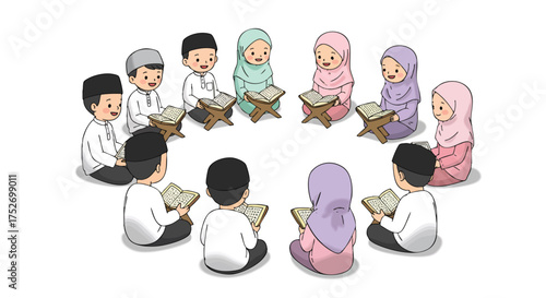 illustration of cheerful Muslim children sitting in a circle reciting the Qur’an together 