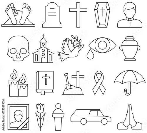 Collection of funeral and memorial outline icons including coffin, cross, grave, urn, church, priest, candles, flowers, and mourning symbols. Funeral and burial icon set. Memorial and death outline