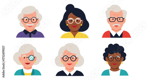 A diverse group of six senior adults wearing glasses and casual attire.