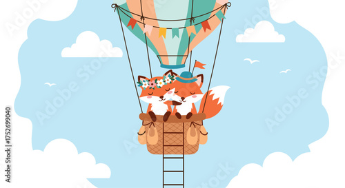 Cute cartoon foxes enjoying a hot air balloon ride through the sky.
