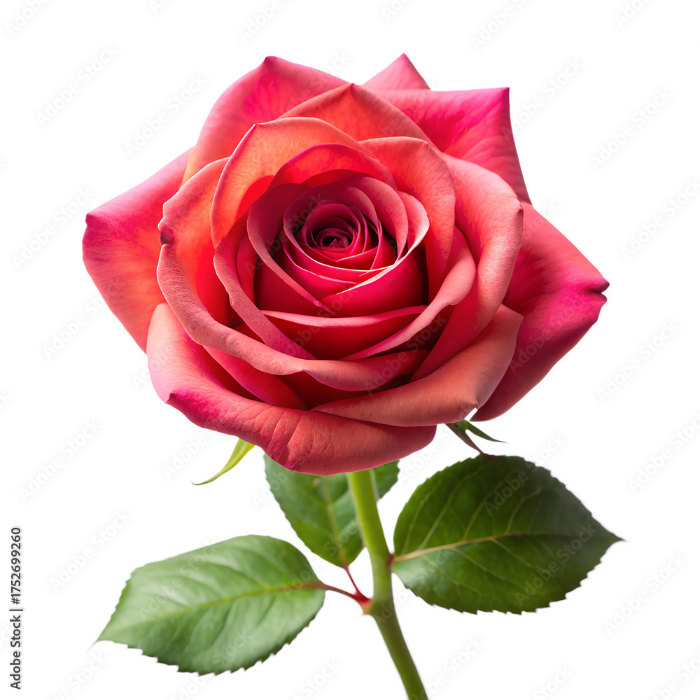 Fototapeta premium A single vibrant red and pink rose with green leaves on a stem isolated on transparent background