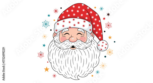 A cheerful cartoon santa claus with a bushy white beard and a red hat with white dots.