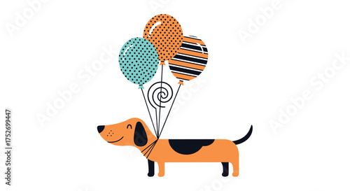 A cute dog holding balloons with a happy expression and a wagging tail.