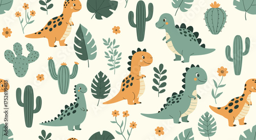 Cute dinosaurs and desert plants seamless pattern design.