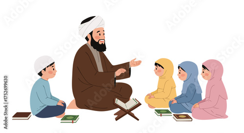 illustration of Muslim children sitting cross-legged listening to an ustadz telling stories.