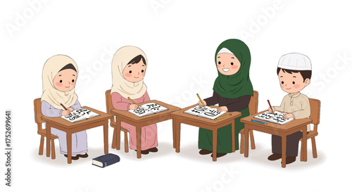 Muslim children learning Arabic writing in a small TPA class