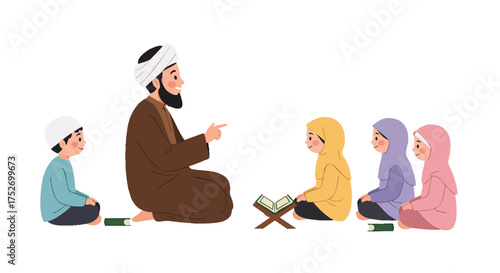 illustration of Muslim children sitting cross-legged listening to an ustadz telling stories.