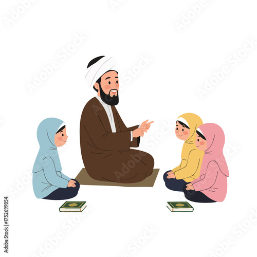 illustration of Muslim children sitting cross-legged listening to an ustadz telling stories.