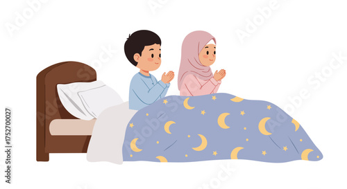 two Muslim siblings kneeling beside the bed, hands raised in prayer