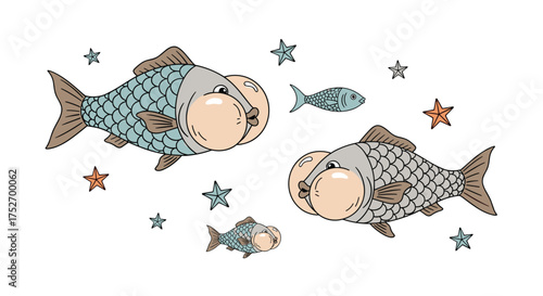 Two big fish with puffy cheeks surrounded by smaller fish and stars.