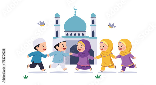 Adorable chibi Muslim kids playing tag in front of a small mosque.