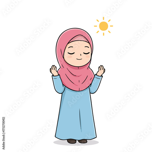 Chibi Muslim girl in bright pink hijab and long sky-blue dress standing with hands raised in prayer