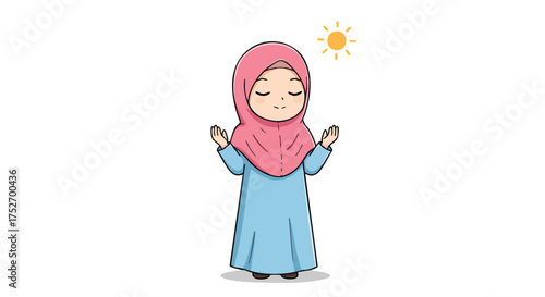 Chibi Muslim girl in bright pink hijab and long sky-blue dress standing with hands raised in prayer