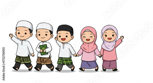 Group of chibi Muslim children walking happily to mosque