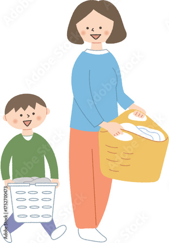 洗濯物を運ぶ親子