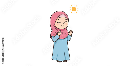 Chibi Muslim girl in bright pink hijab and long sky-blue dress standing with hands raised in prayer