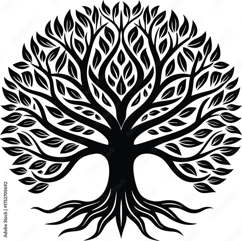 Obraz premium Stylized Black Tree of Life Silhouette With Roots and Leaves branches