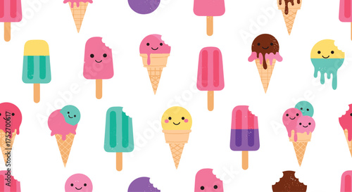 A delightful collection of kawaii ice cream and popsicles in various vibrant colors and sweet designs.