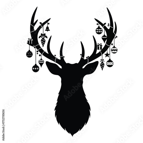 Silhouette of a stag head adorned with festive christmas ornaments and baubles silhouette