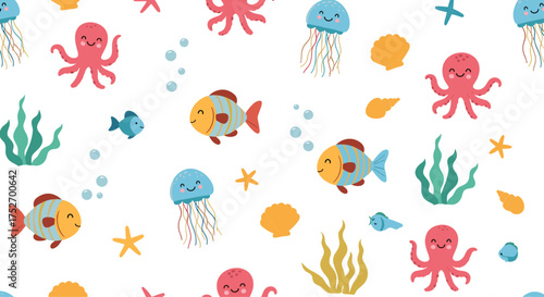 A playful underwater scene with colorful sea creatures and aquatic plants.