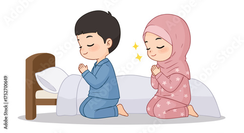 Chibi Muslim brother and sister kneeling beside bed praying before sleep