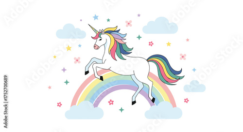A magical unicorn prances across a pastel rainbow with clouds and stars around it.