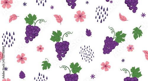 A whimsical pattern of purple grapes and delicate pink flowers.