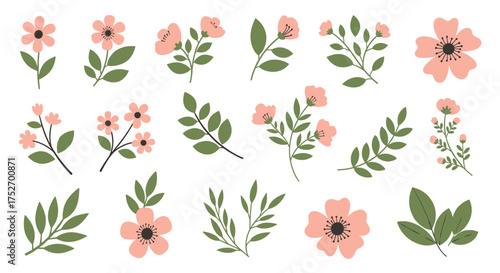 A collection of delicate pink flowers and green leaves.