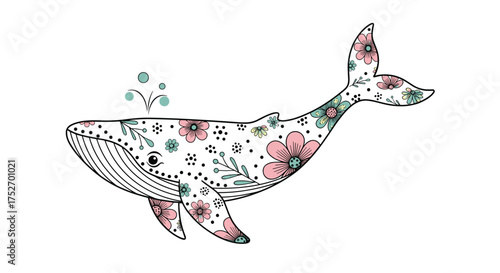 A whimsical whale adorned with a floral pattern creating a beautiful ocean scene.