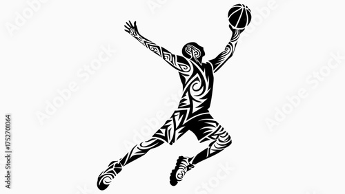 Dynamic tribal tattoo style basketball player silhouette about to score a slam dunk with energy