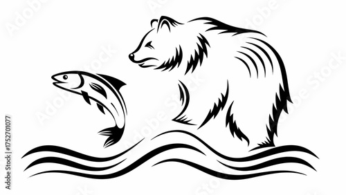 Powerful bear watching salmon jumping in river, wildlife icon, hunting adventure, nature symbol
