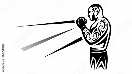 Bold tribal boxer silhouette throwing punches with power, fitness and determination for sports branding