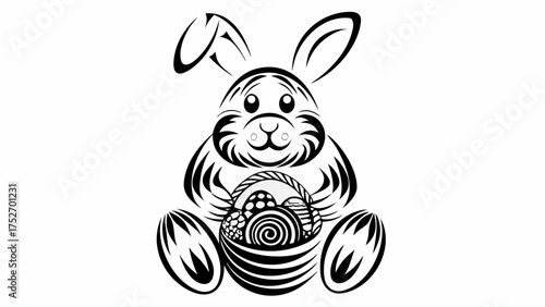 Stylized Easter bunny holding a basket filled with patterned eggs, perfect for spring holiday designs