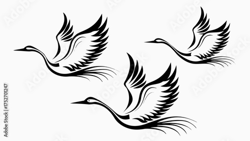 Elegant stylized crane birds flying together in formation symbolising freedom and grace