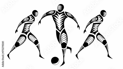 Dynamic tribal soccer players in black and white action, symbolizing teamwork and athletic skill, vector