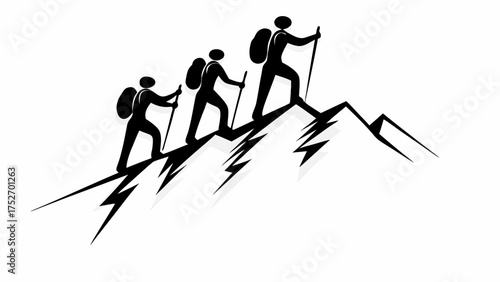 Bold hikers conquer a mountain peak, teamwork makes the dream work, achieving goals metaphor